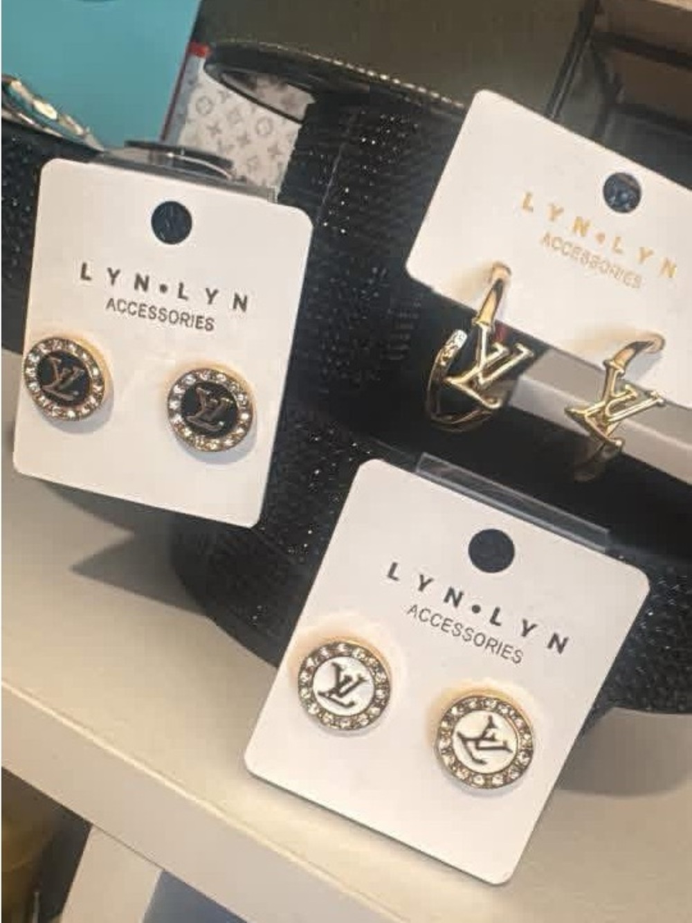3 Pairs LYN•LYN Gold & Black Logo Stud Earrings - Crystal Accent